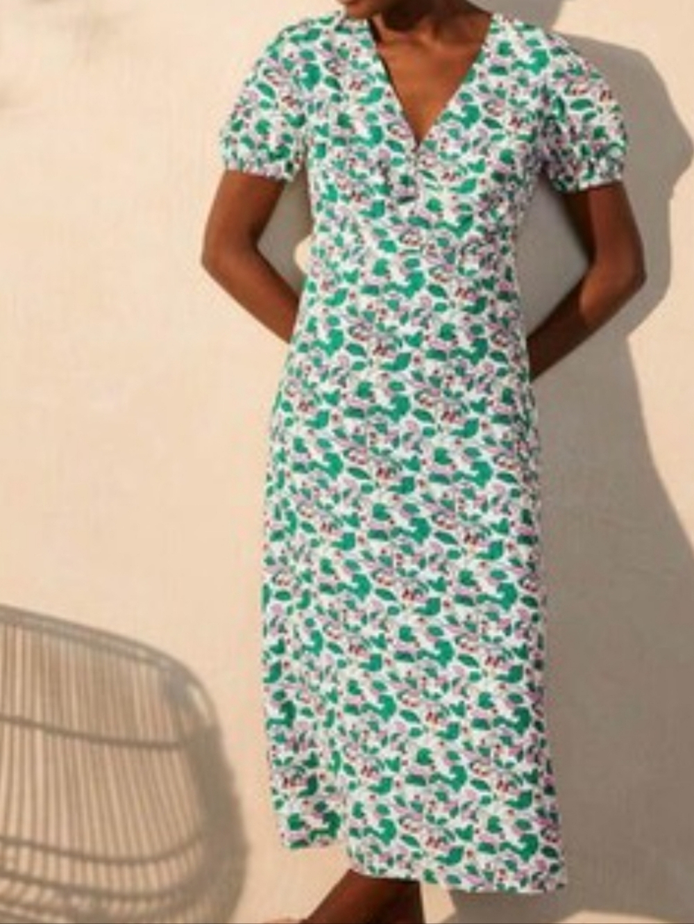 NWOT Boden Tessa Ivory Multicolor Floral V-Neck Puff Sleeve Midi Dress 6p